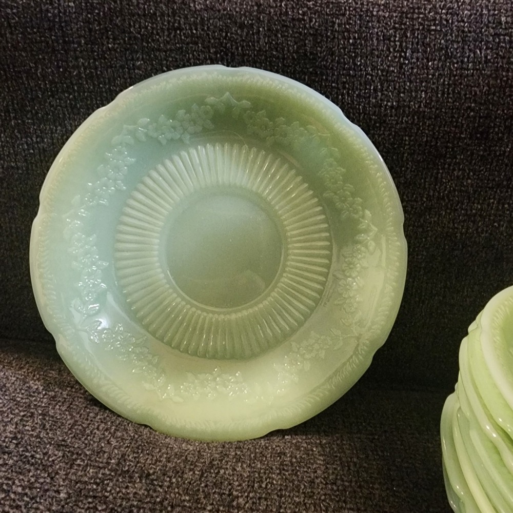 Set Of 10 Vtg Fire King Jadeite Alice Floral Pattern Scalloped Edge Saucer‎ 6"